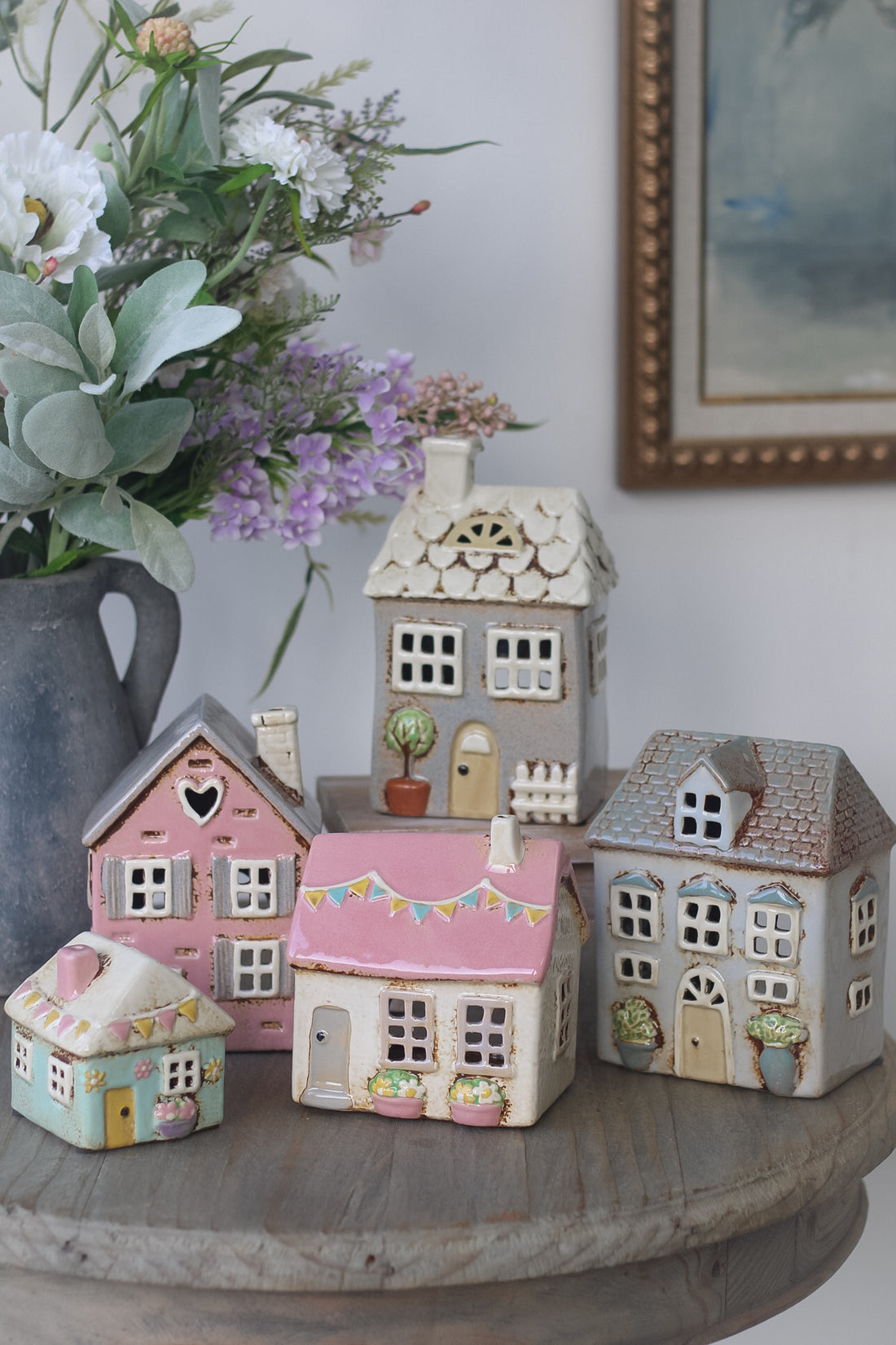 Pink Ceramic Spring Cottage with Bunting Tea Light Holder