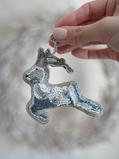 Prancing Reindeer Beaded Embroidered Christmas Tree Decoration