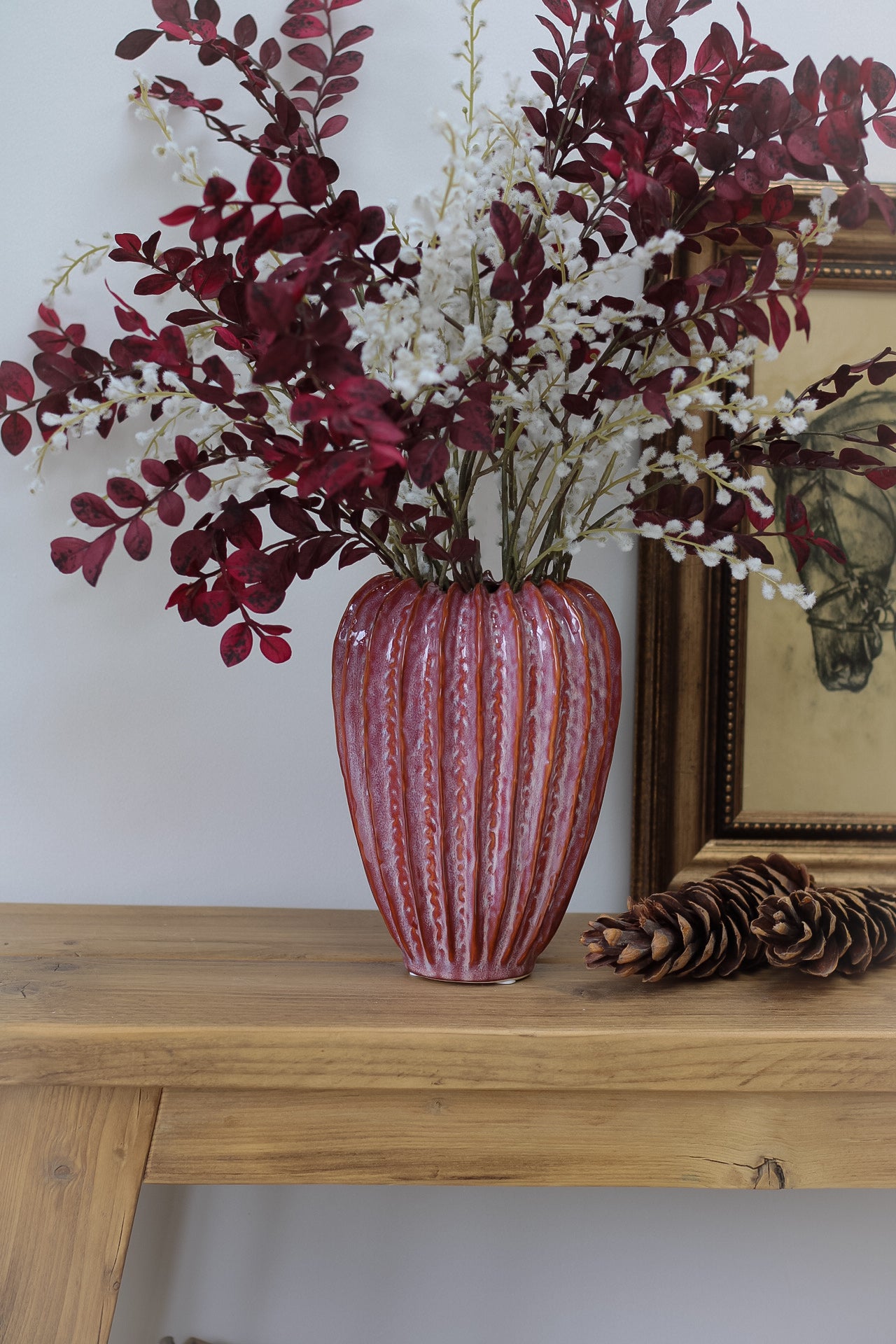 Raspberry Colored Ceramic Raspberry Ribbed Ceramic Vase - Ivy Grey Interiors
