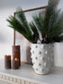 White textured vase with green plant on a shelf with candles and a framed picture in the background
