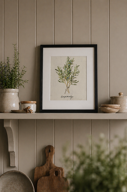 Framed rosemary botanical print on a shelf with decorative items against a panelled wall.