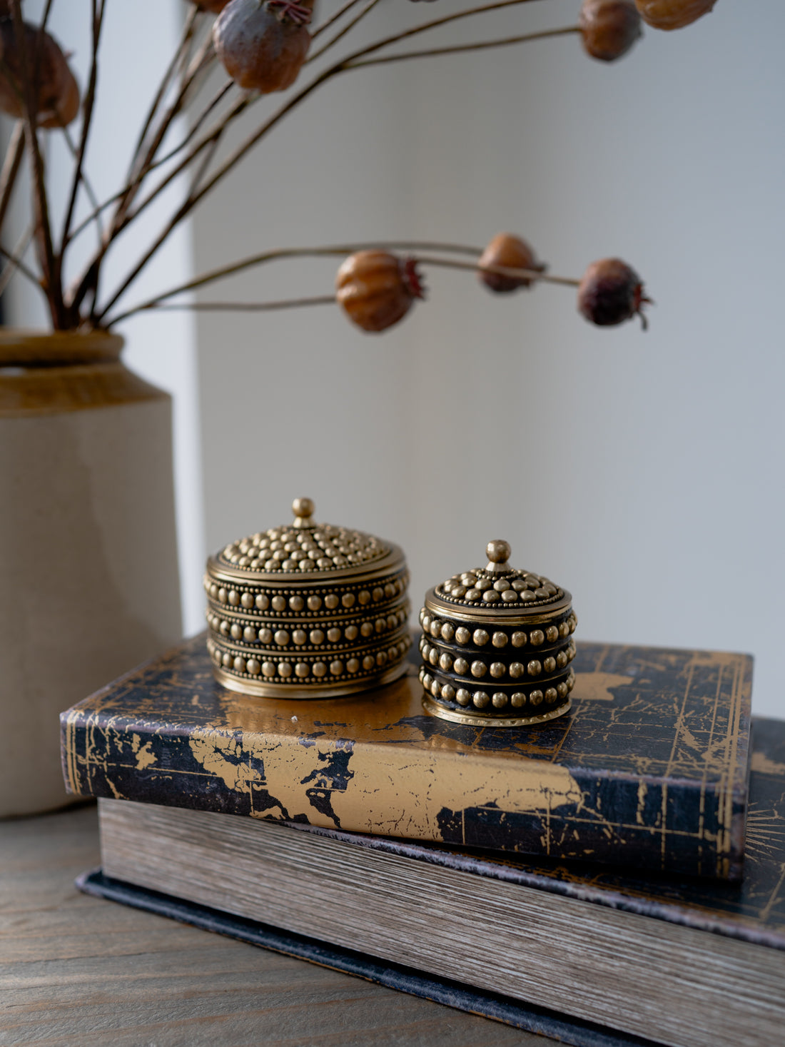 Round Dotted Brass Boxes | Set of 2
