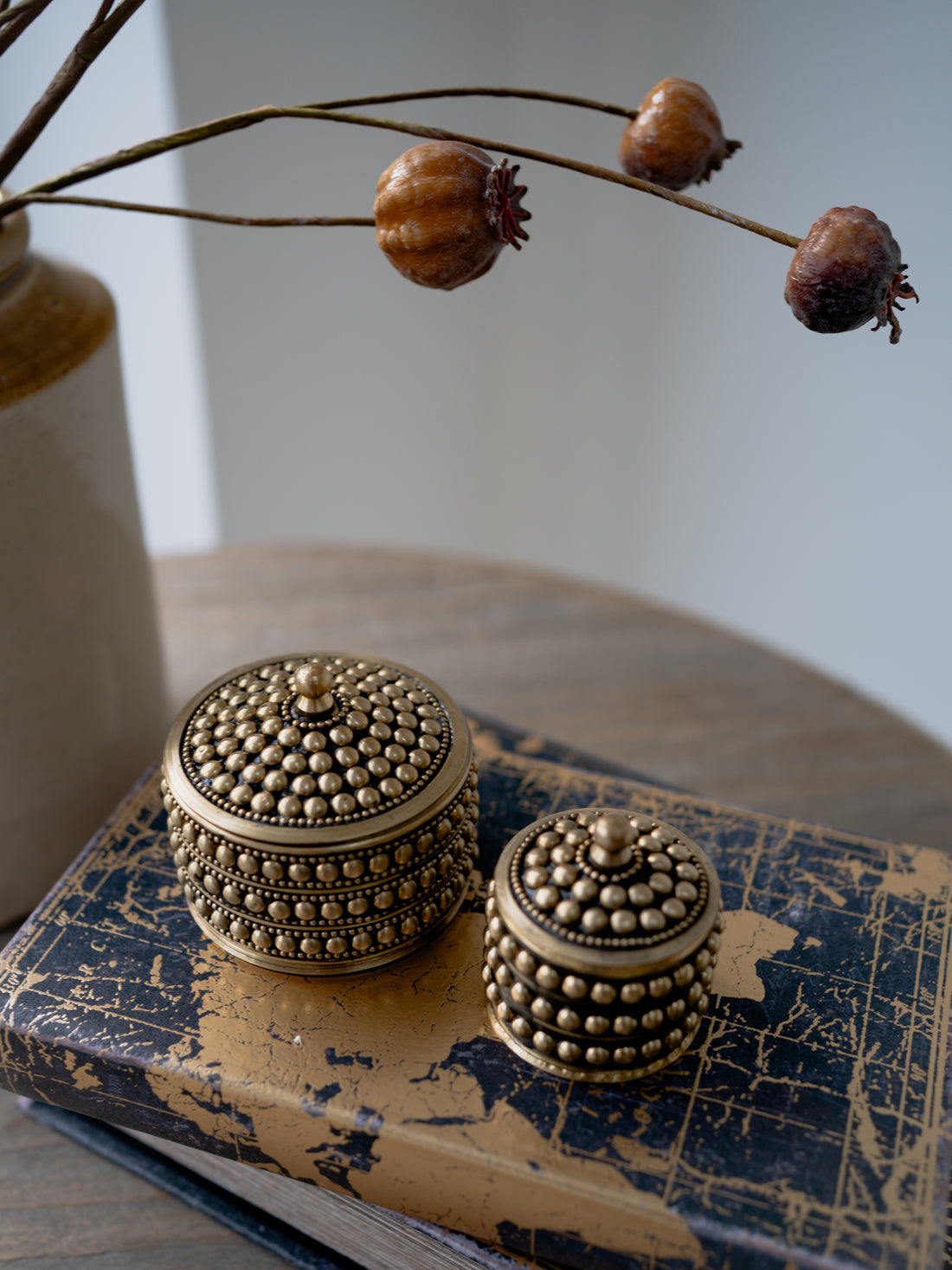 Round Dotted Brass Boxes | Set of 2