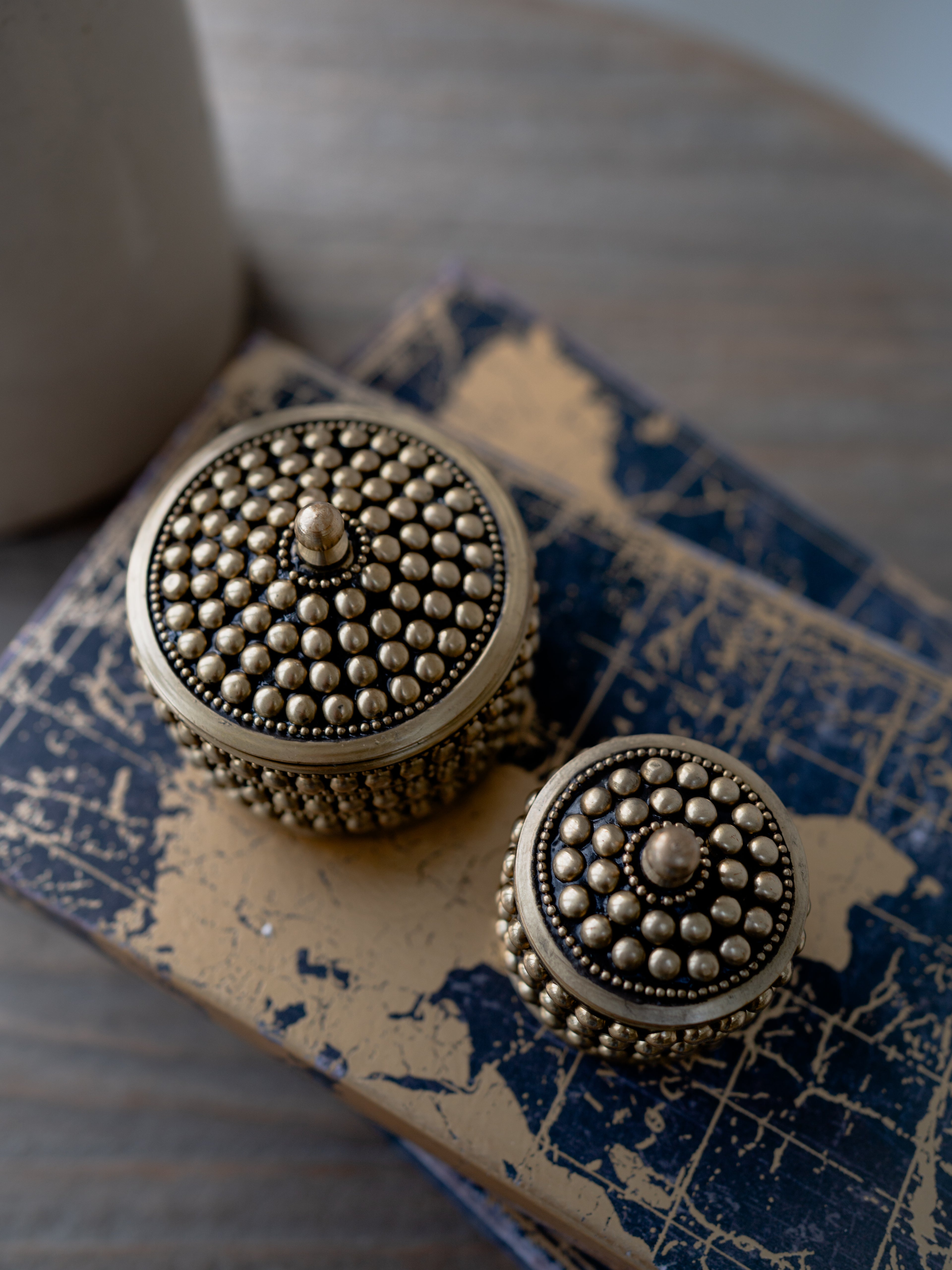 Round Dotted Brass Boxes | Set of 2 003