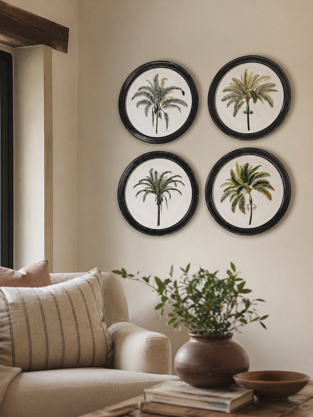 Four circular wall art pieces with palm tree designs on a beige wall above a sofa.