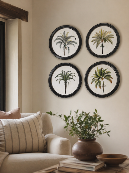 Four circular wall art pieces with palm tree designs on a beige wall above a sofa.