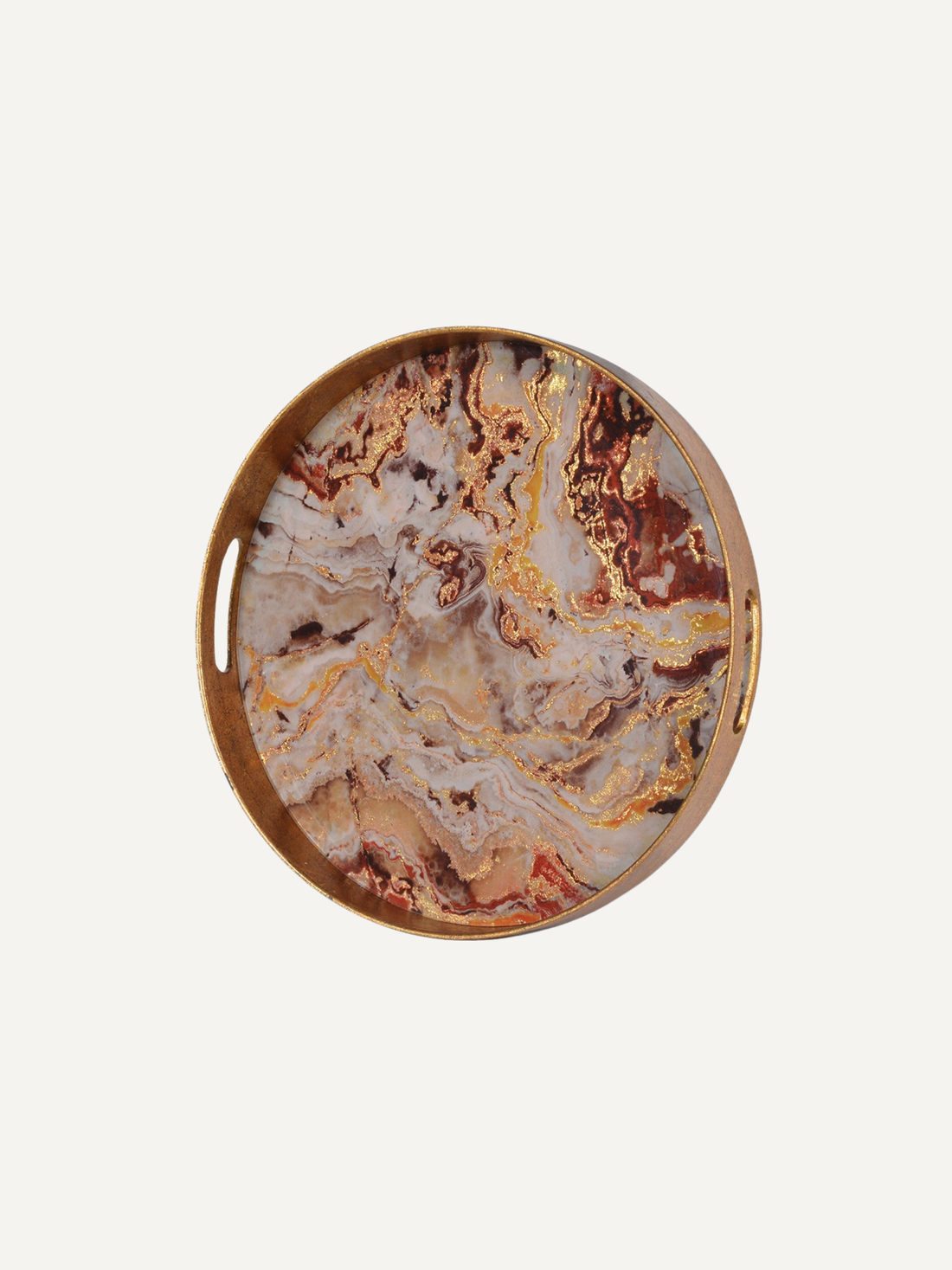 gold edge detail round tray with gold and copper base