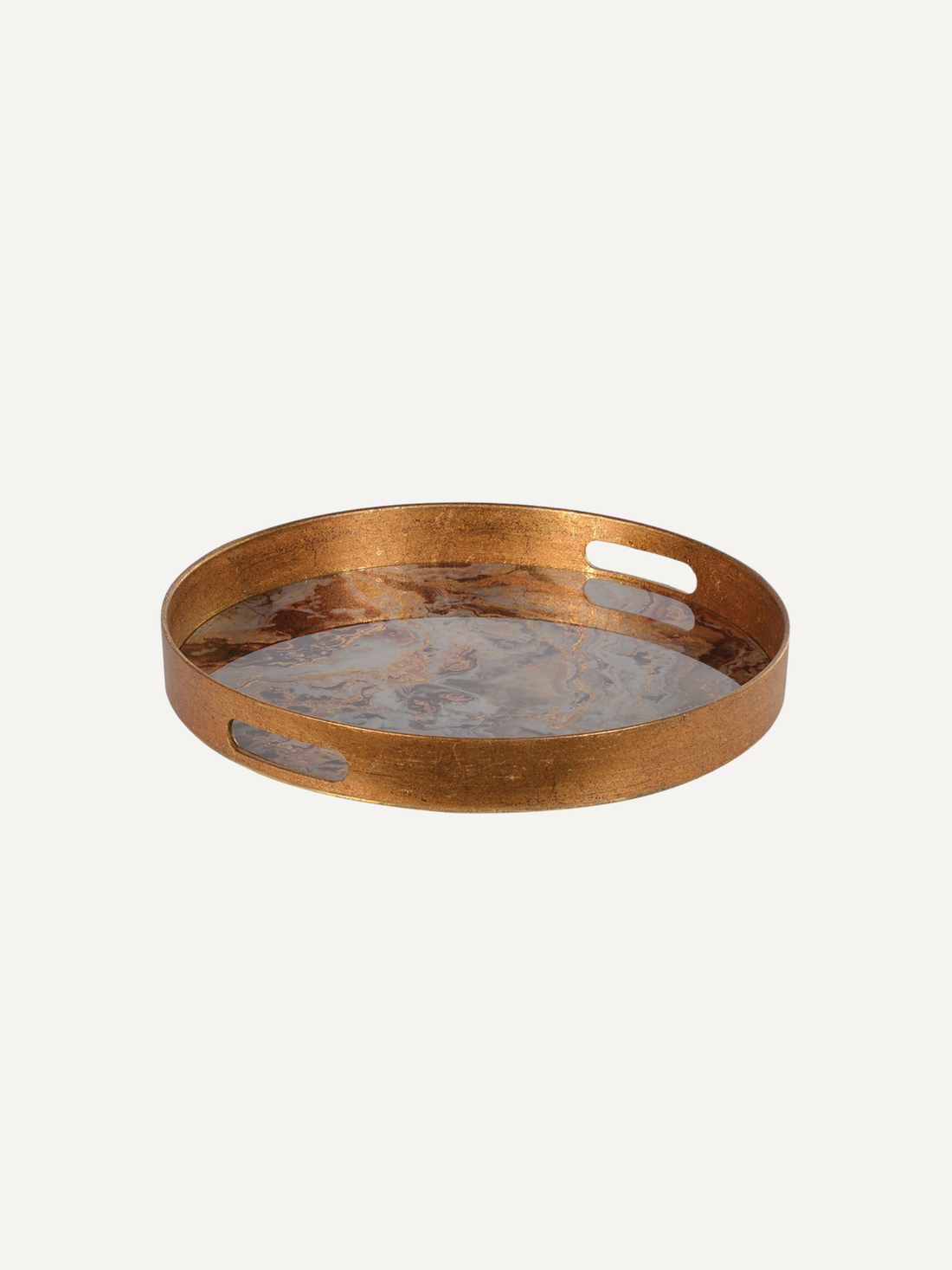 A round copper tray with two cutout handles on the sides, featuring a textured metallic finish and a clear glass or acrylic top insert, shown against a plain off-white background.