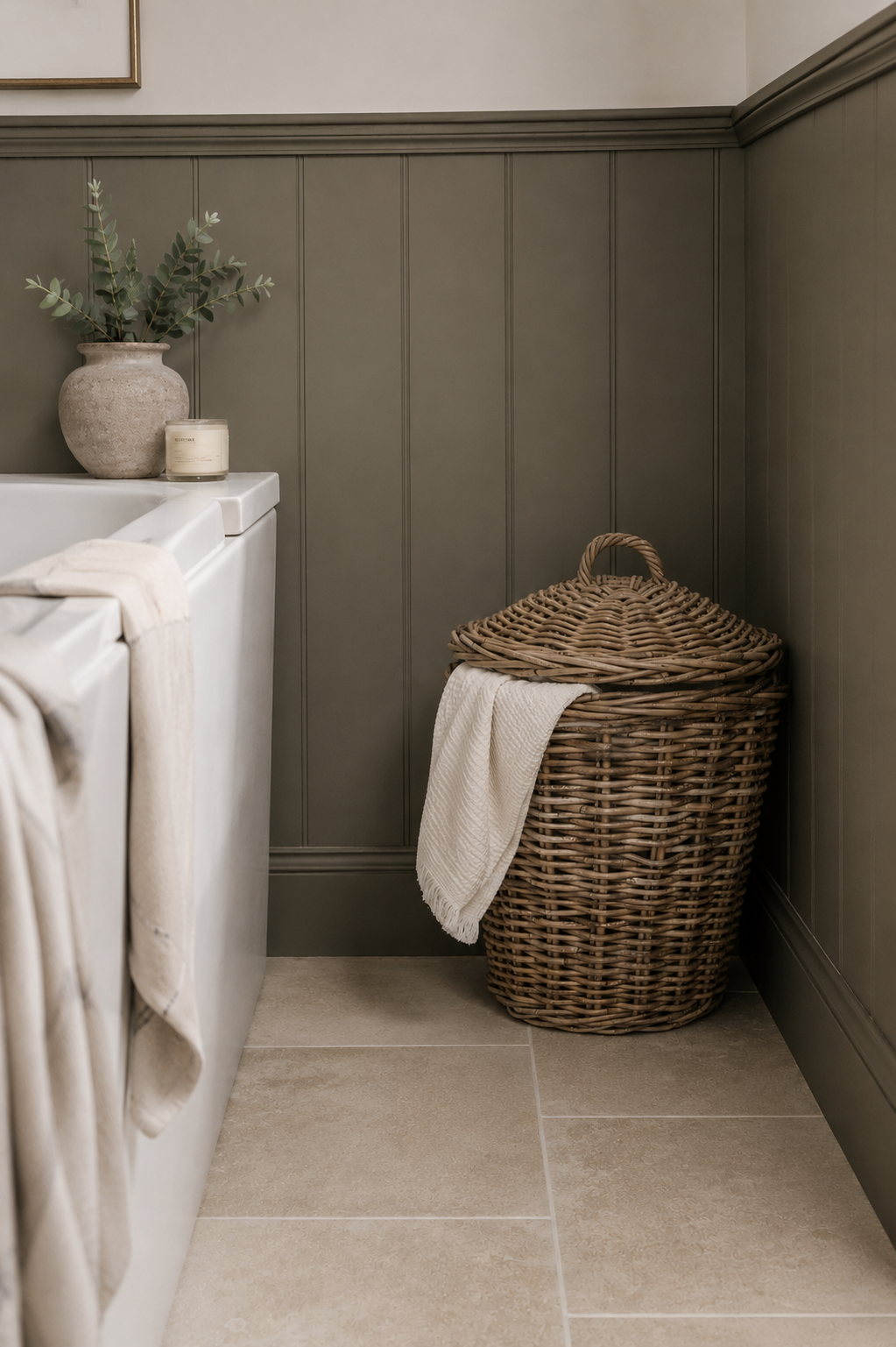 Bathroom with a bathtub, plant, candle, and wicker basket against a panelled wall.