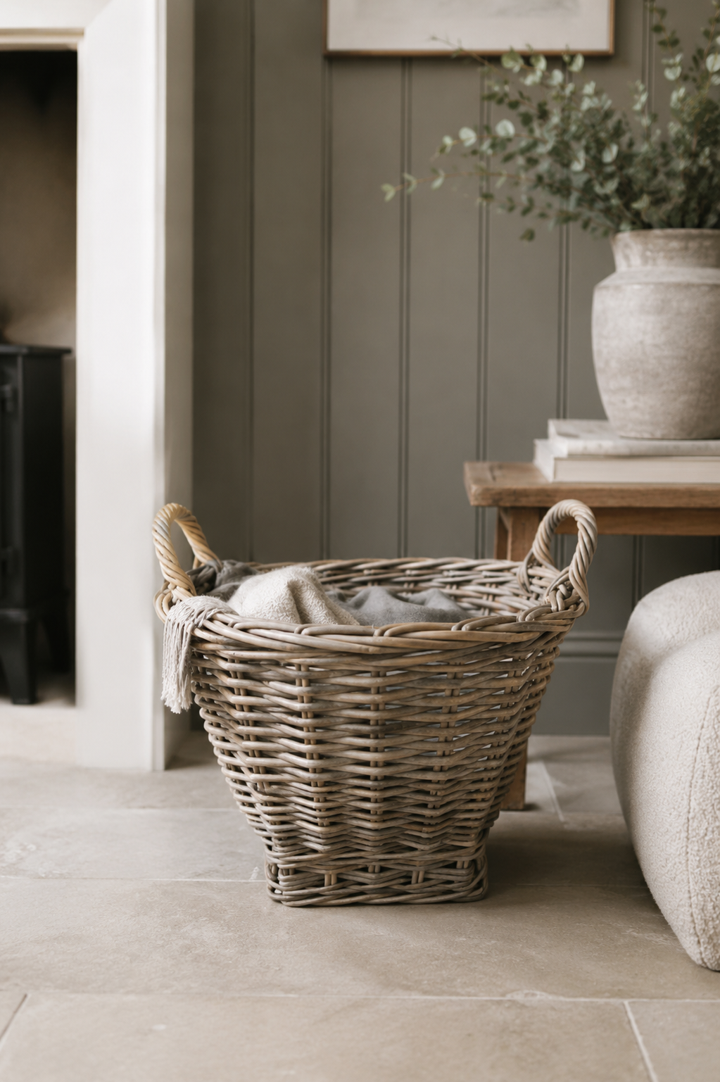 Round Rattan Wicker Storage Basket with Handles