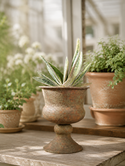 A faux succulent plant with variegated green and cream leaves, displayed in a rustic, pedestal-style terracotta pot on a stone surface, with other potted plants softly blurred in the background.