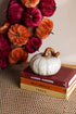 White ceramic pumpkin on books with fall-themed decor in the background