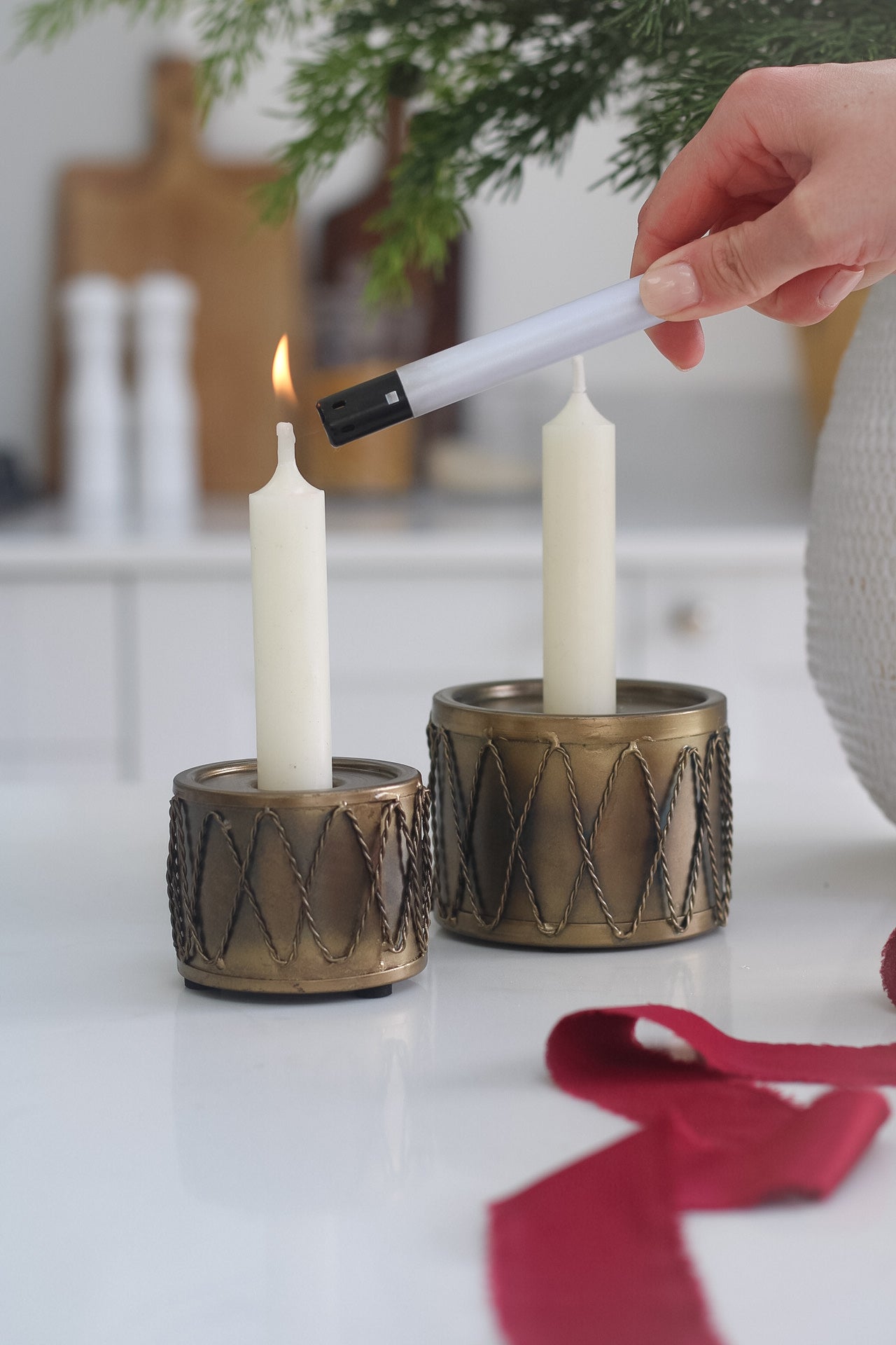 Rustic Gold Metal Drum Dinner Candle Holder