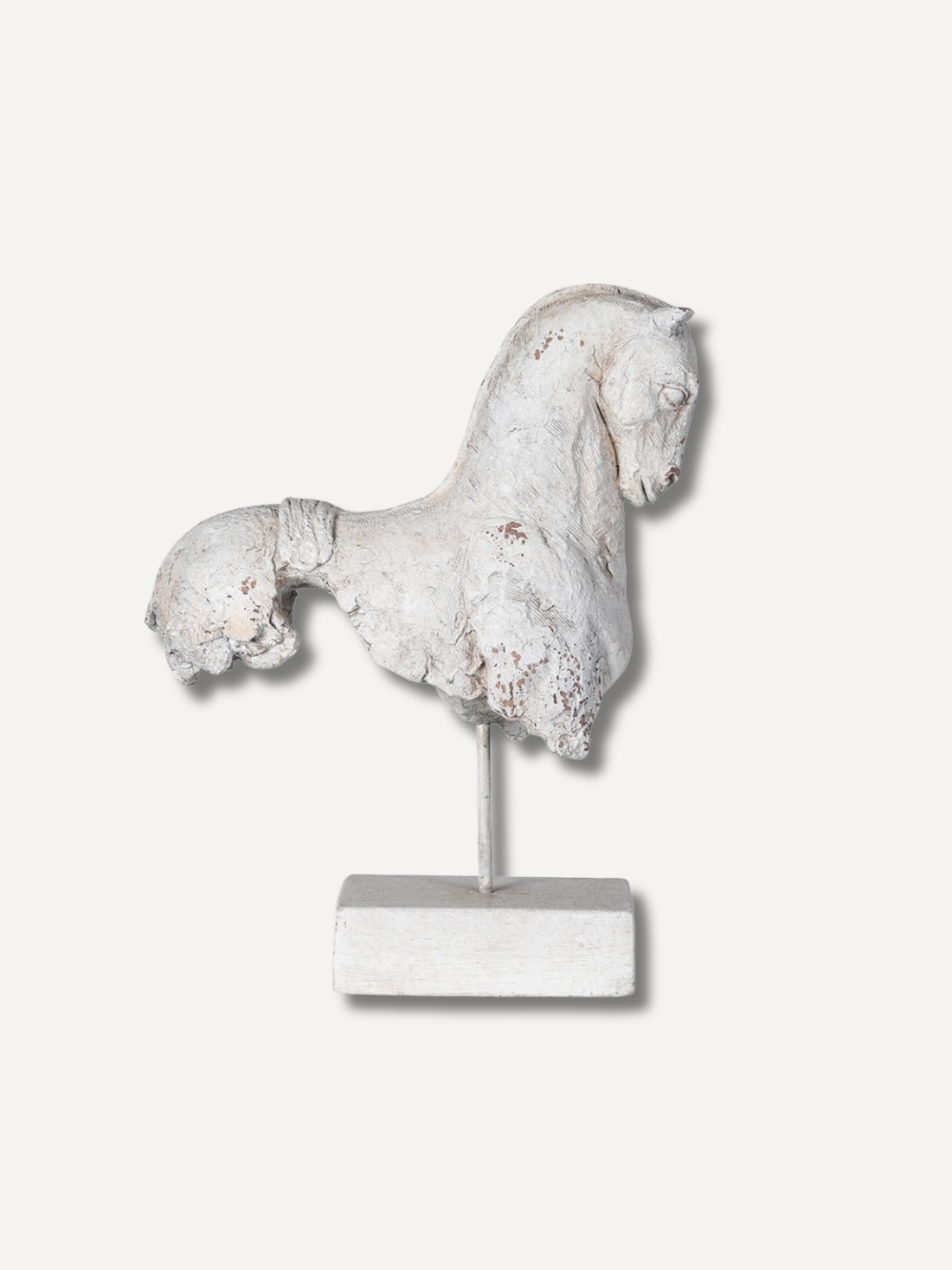 Decorative horse sculpture on a stand with a white background