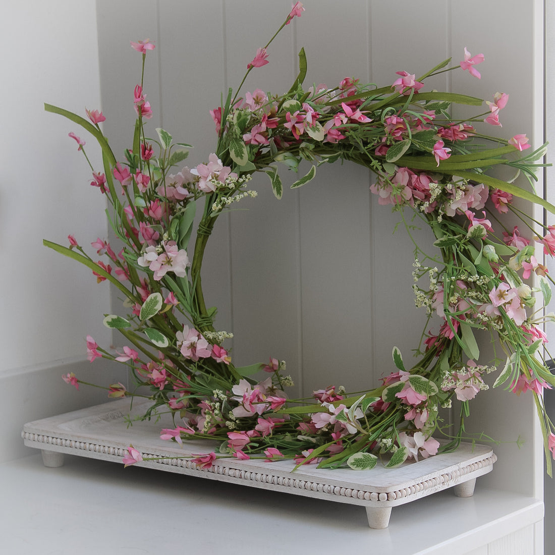 Rustic Long White Wooden Beaded Raised Display Tray 002