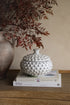 White textured ceramic lid on books with a vase and branches in the background