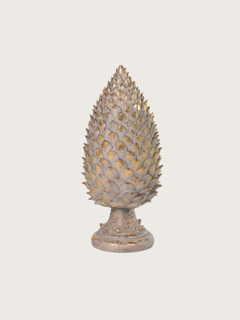 Decorative pine cone-shaped finial object on a light gray background