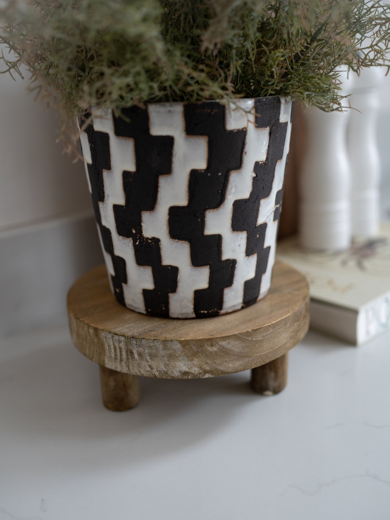Black and white patterned pot with plant on a wooden stand against a neutral background