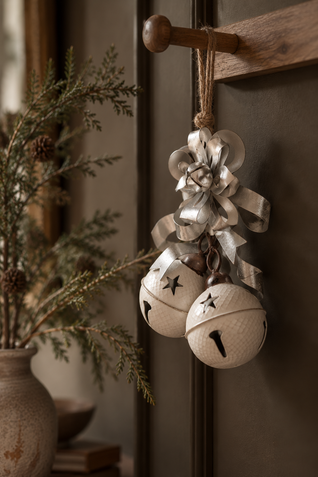 Rustic White Bells with Curly Silver Metal Ribbon
