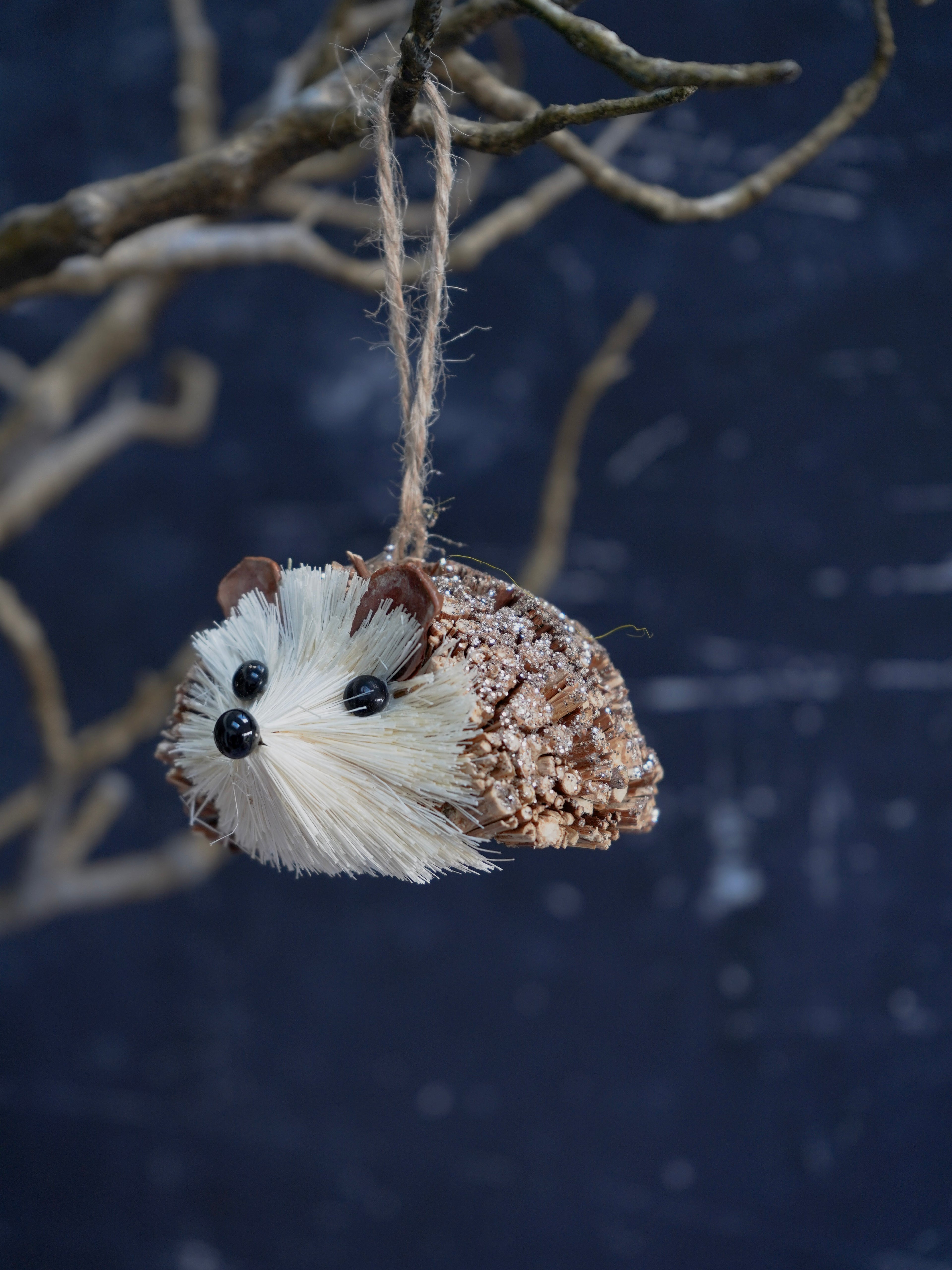 Decorative hedgehog ornament hanging from a branch against a dark background