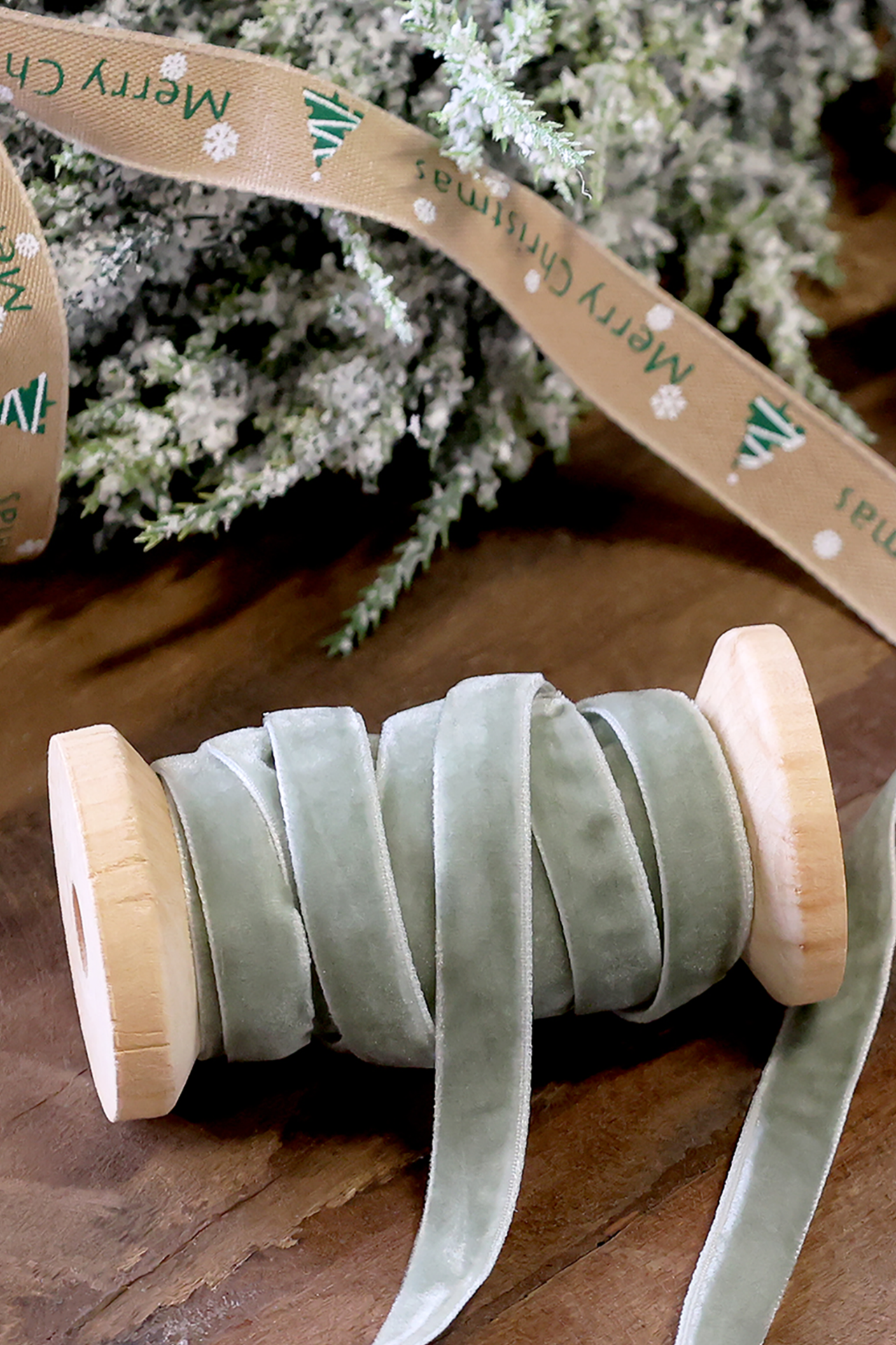 Sage Velvet Ribbon on Wooden Spool