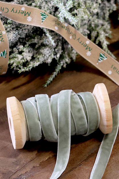 Sage Velvet Ribbon on Wooden Spool