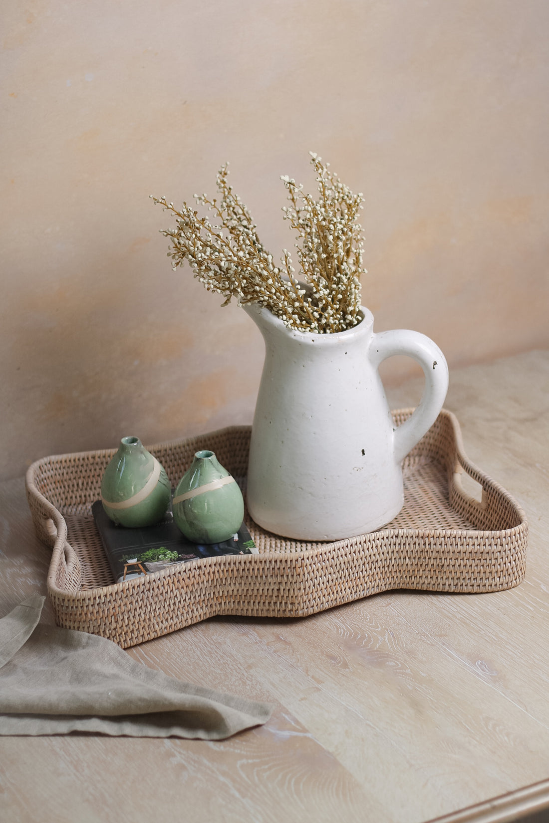 Scalloped Rectangular White Washed Rattan Tray