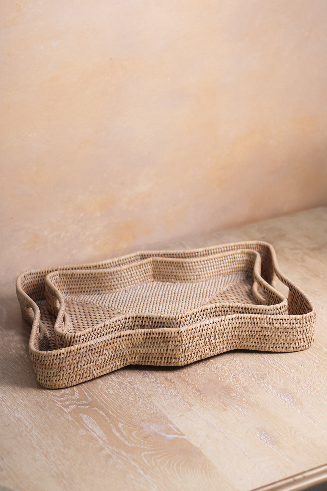 Scalloped Rectangular White Washed Rattan Tray