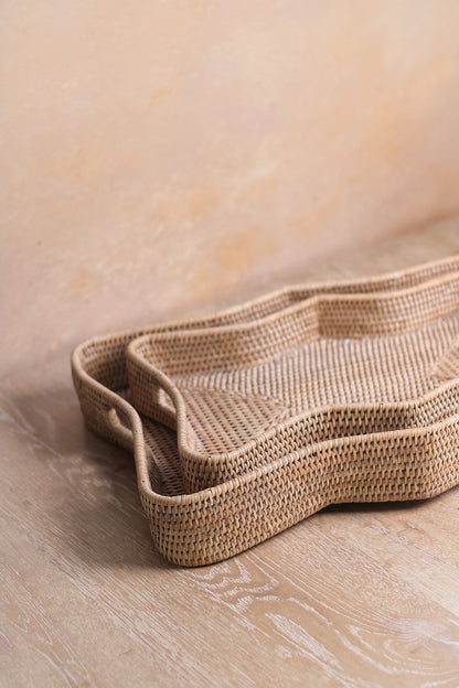 Scalloped Rectangular White Washed Rattan Tray