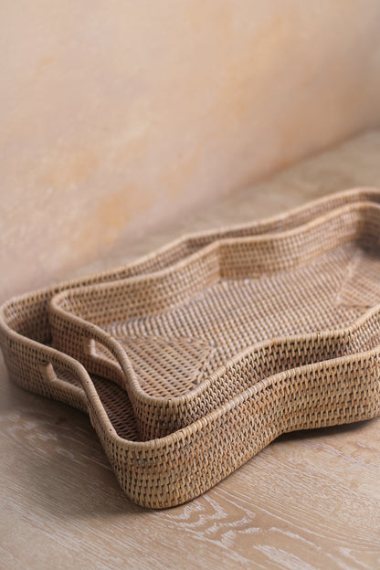 Scalloped Rectangular White Washed Rattan Tray