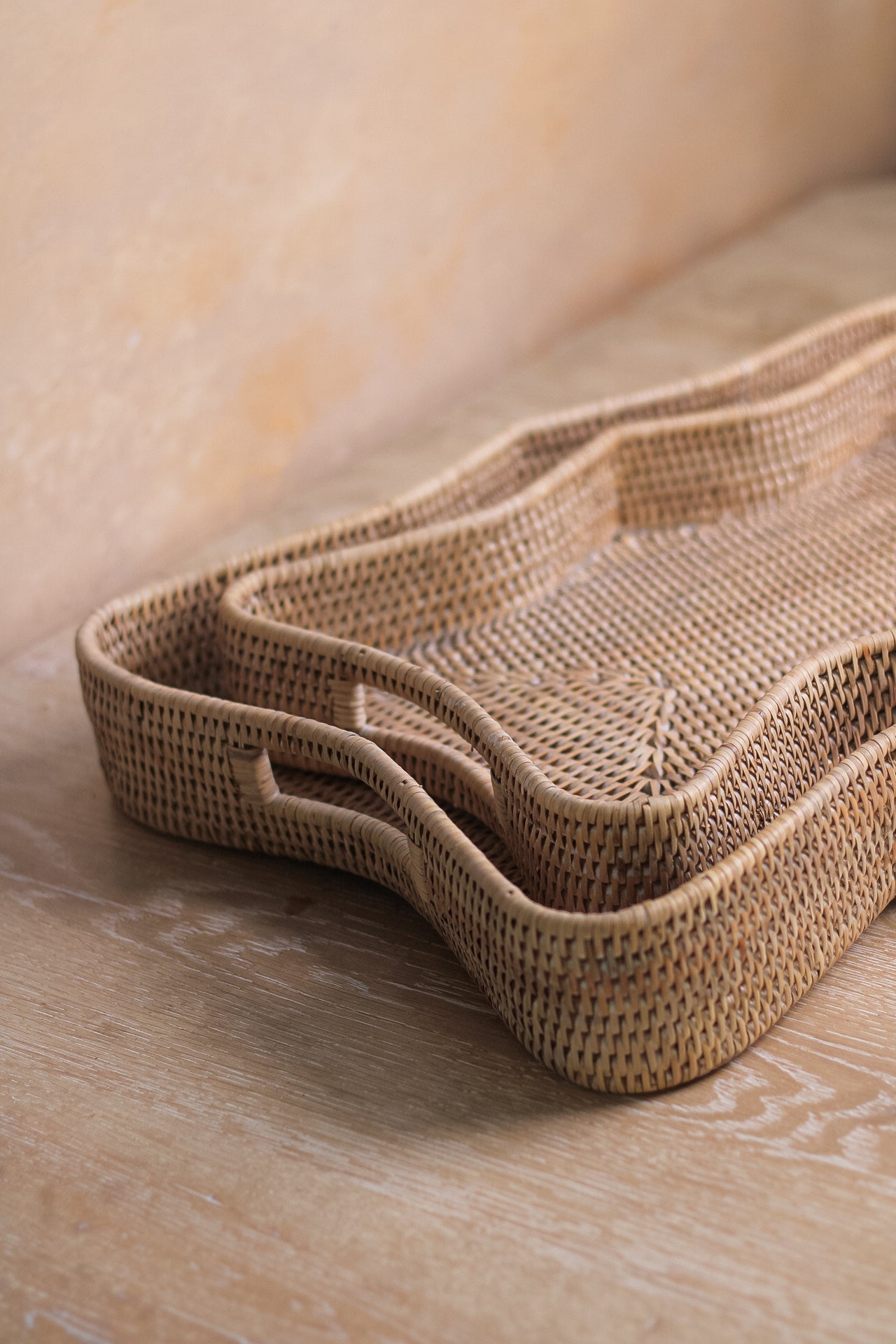 Scalloped Rectangular White Washed Rattan Tray