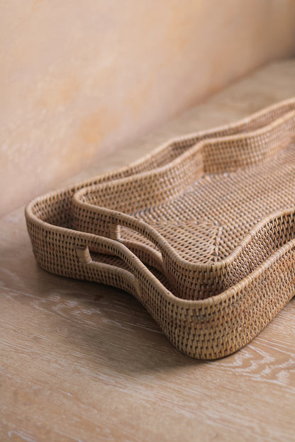 Scalloped Rectangular White Washed Rattan Tray