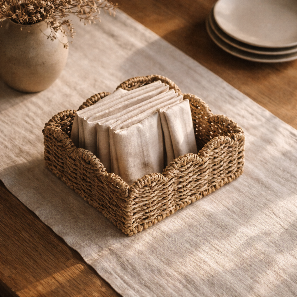 Woven napkin holder basket with folded napkins on a wooden table with a vase and plates in the background.