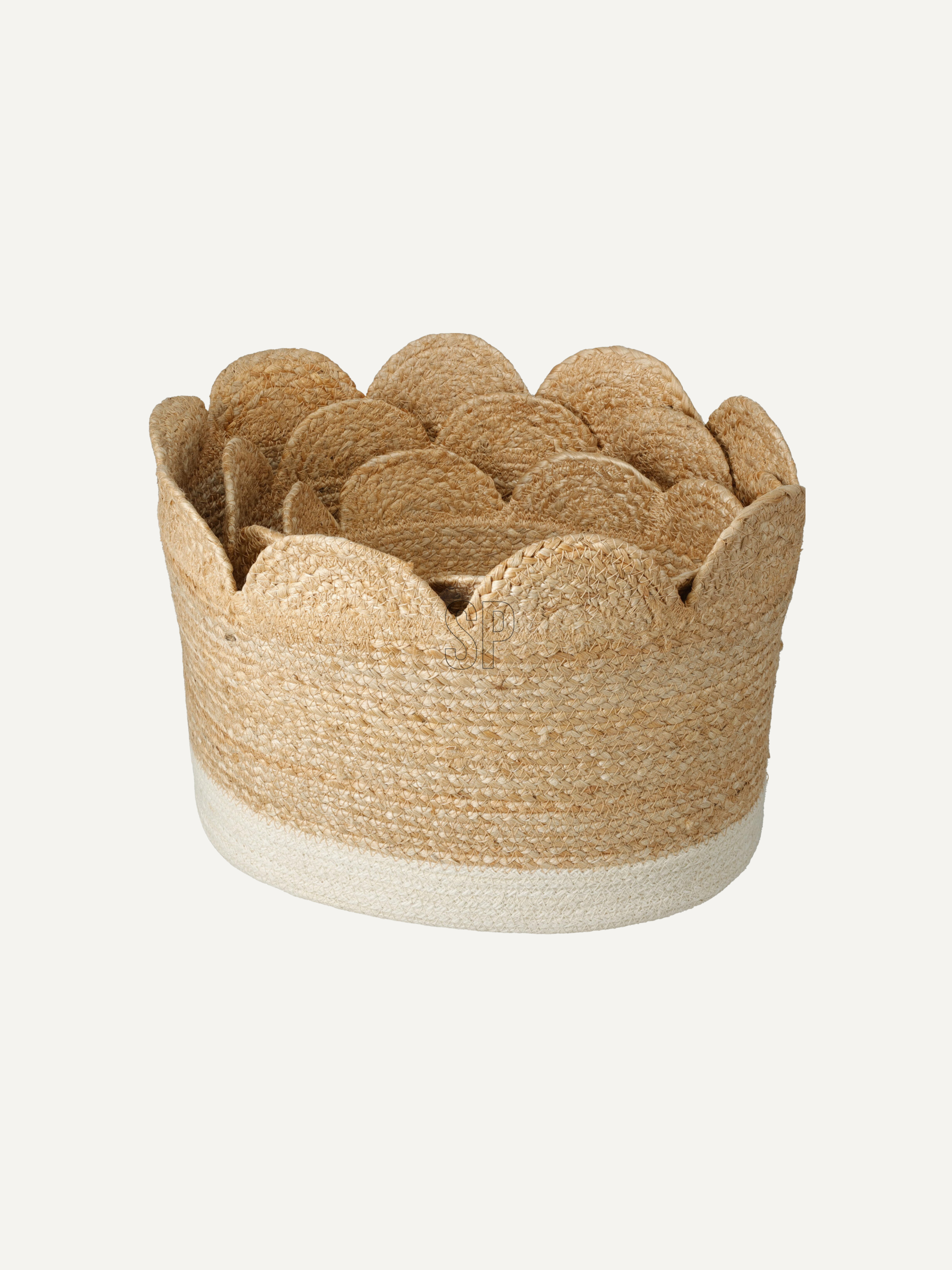 Woven basket with a natural seagrass texture on a white background