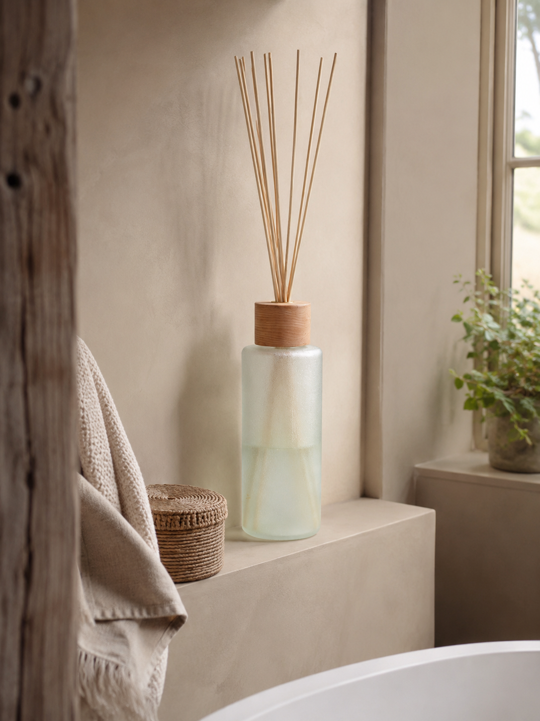 Diffuser with reeds on a windowsill in a bathroom setting