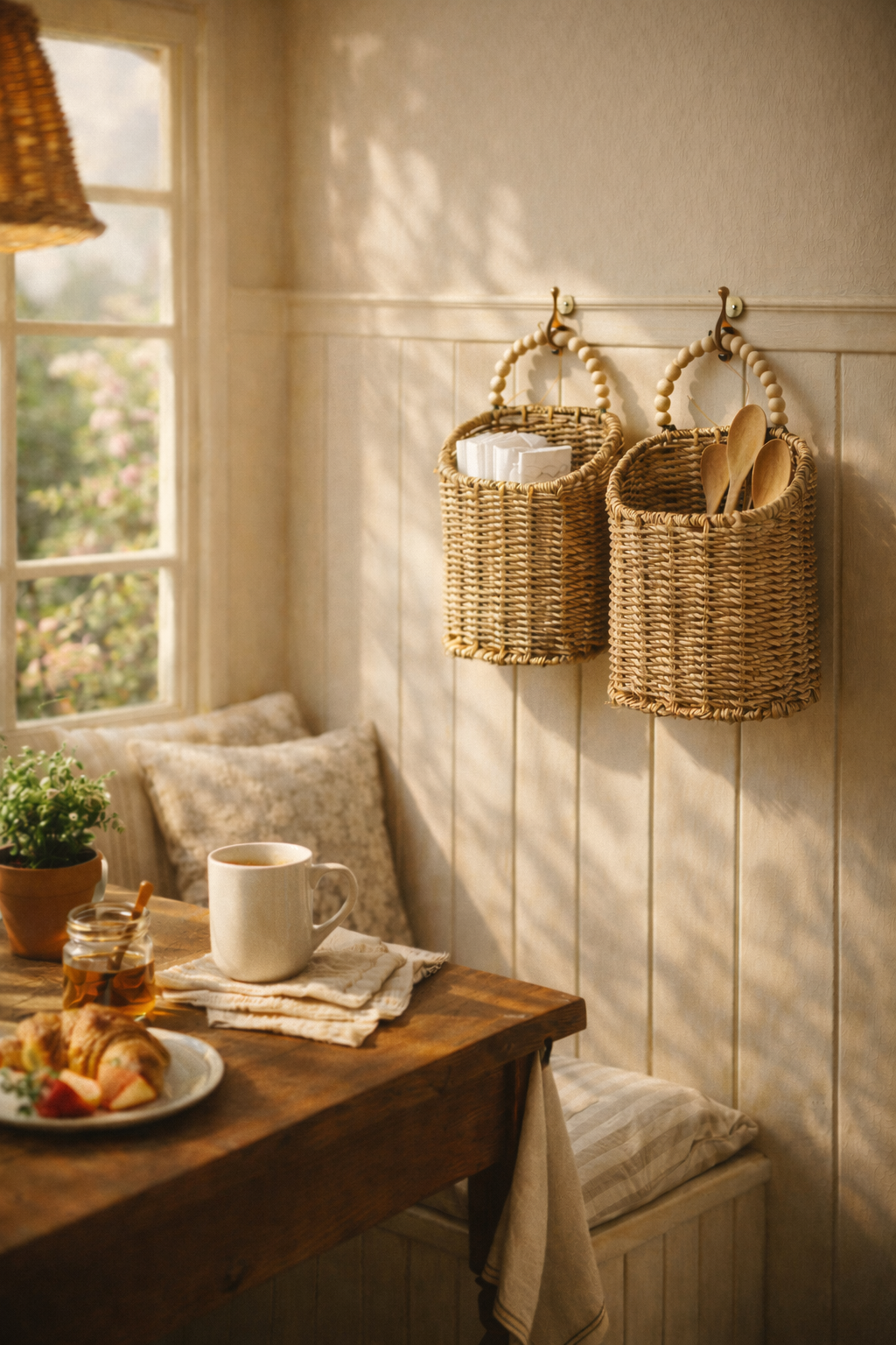 Wicker baskets hanging on a wall next to a wooden table with a cup and food.