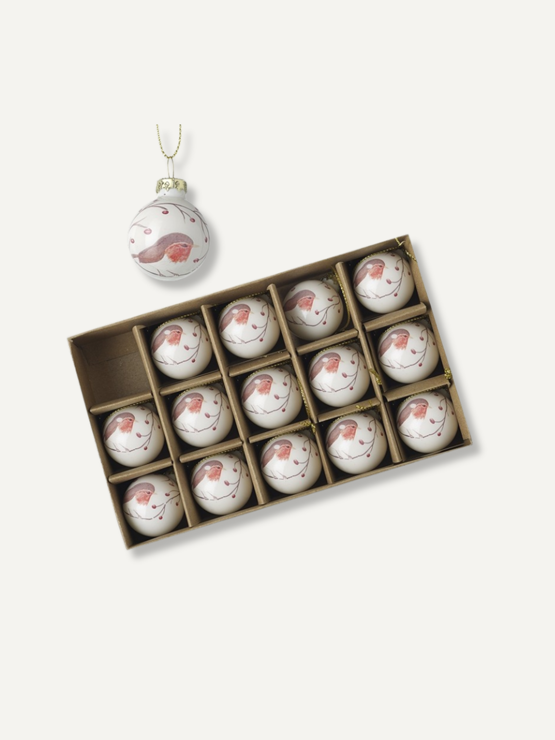 Set of 15 White Robin Baubles