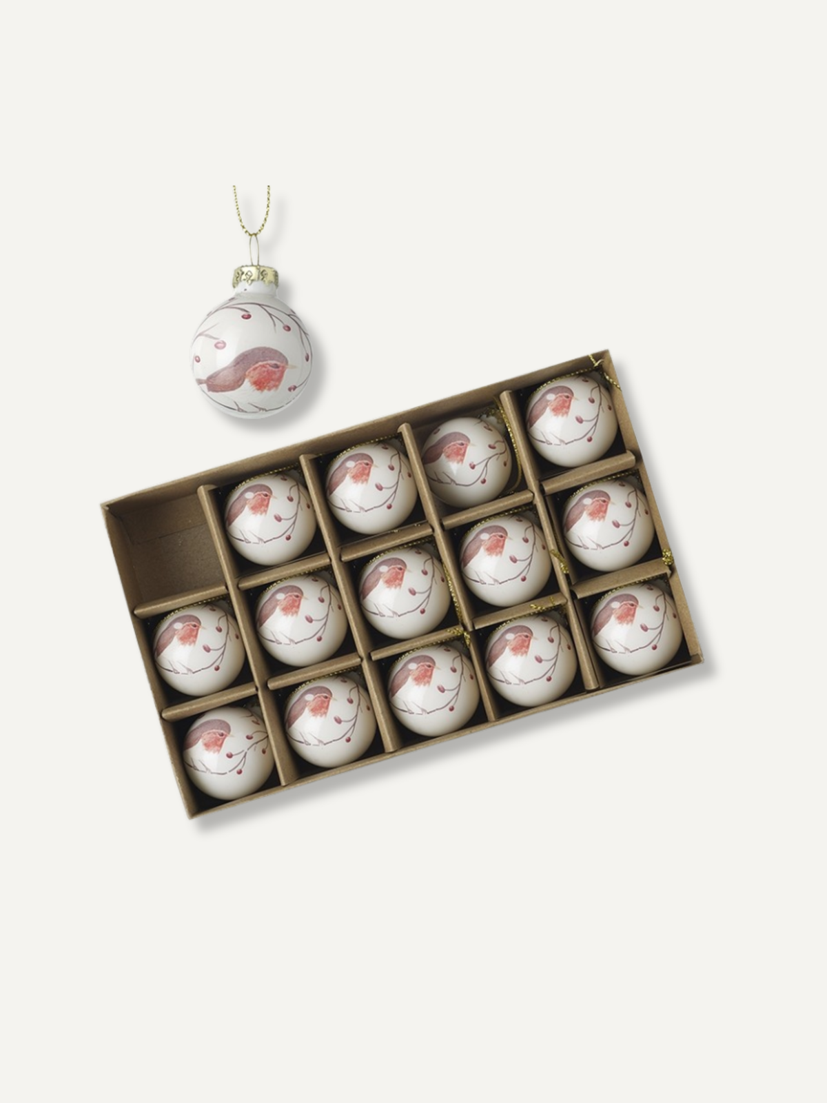 Set of 15 White Robin Baubles