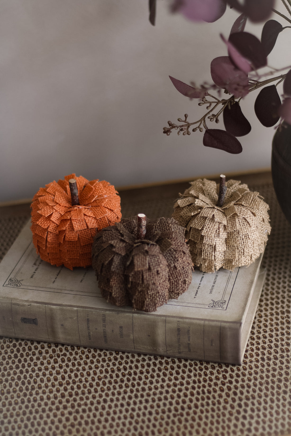 Three textured pumpkins in orange, brown, and beige on a textured surface with a blurred background.