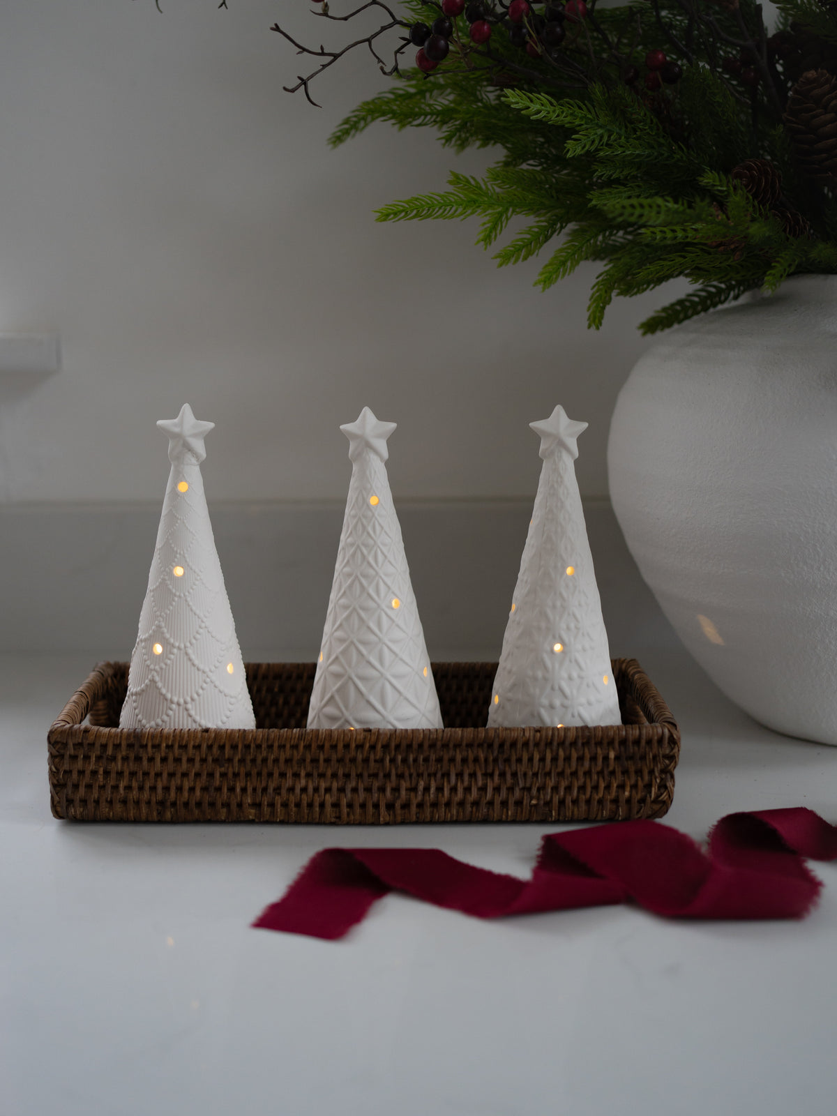Set of 3 LED Christmas Trees &amp; Narrow Rattan Tray Styling Bundle