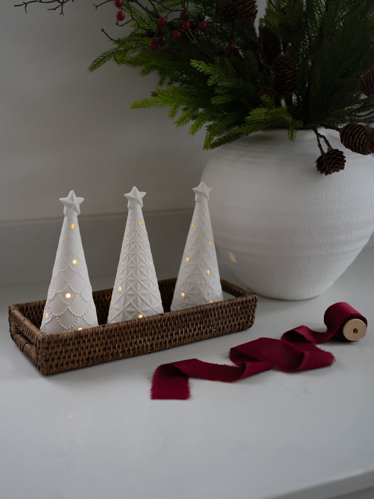 Set of 3 LED Christmas Trees &amp; Narrow Rattan Tray Styling Bundle