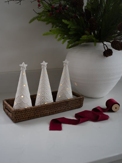 Set of 3 LED Christmas Trees &amp; Narrow Rattan Tray Styling Bundle