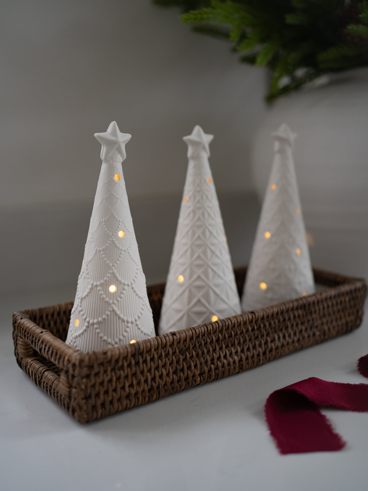 Set of 3 LED Christmas Trees &amp; Narrow Rattan Tray Styling Bundle