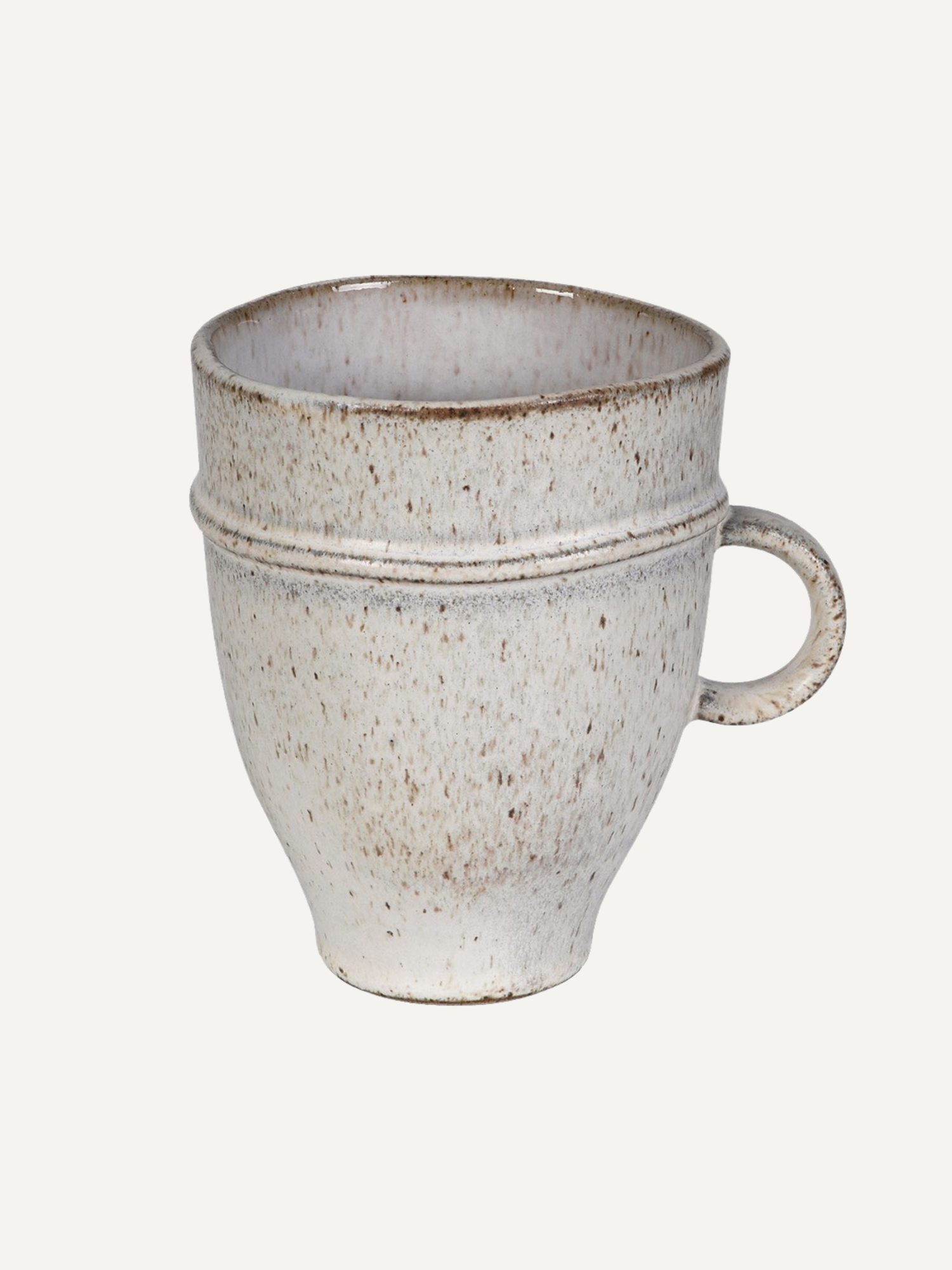 Speckled beige ceramic mug on a white background