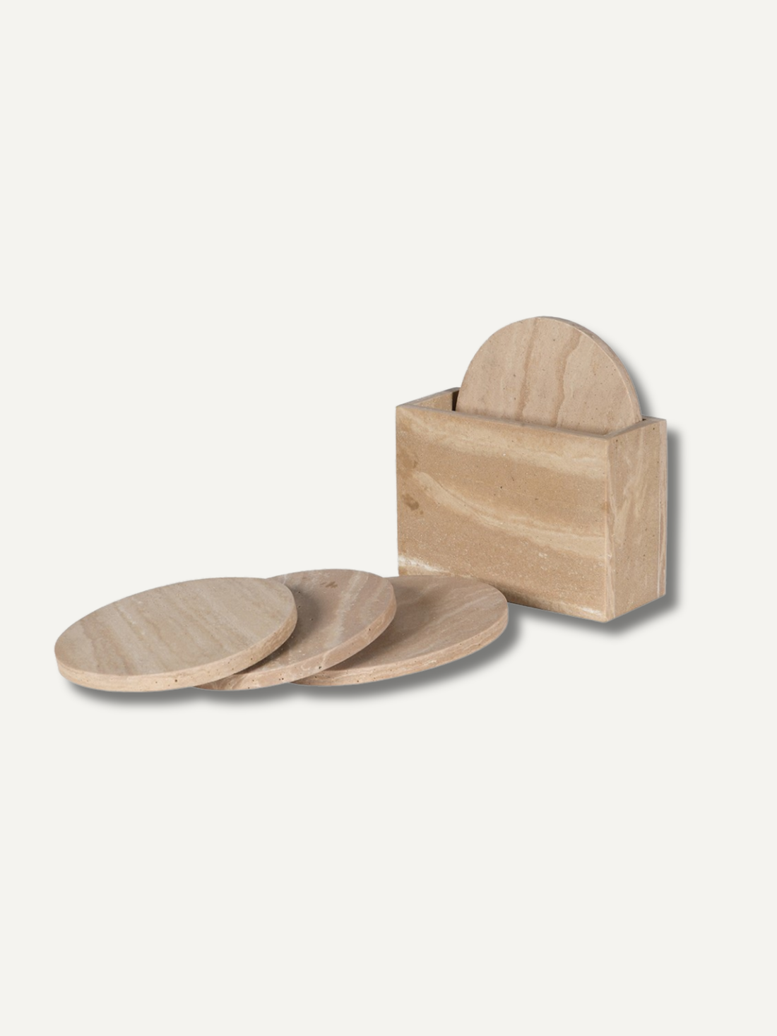 Set of 4 Travertine Effect Coasters in Holder on a white background