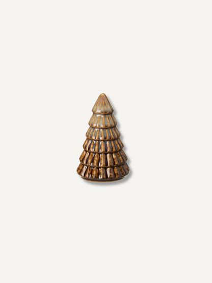 A small decorative ceramic Christmas tree ornament with a textured, ribbed design and a glossy brown and beige glaze, centered on a light off-white background.