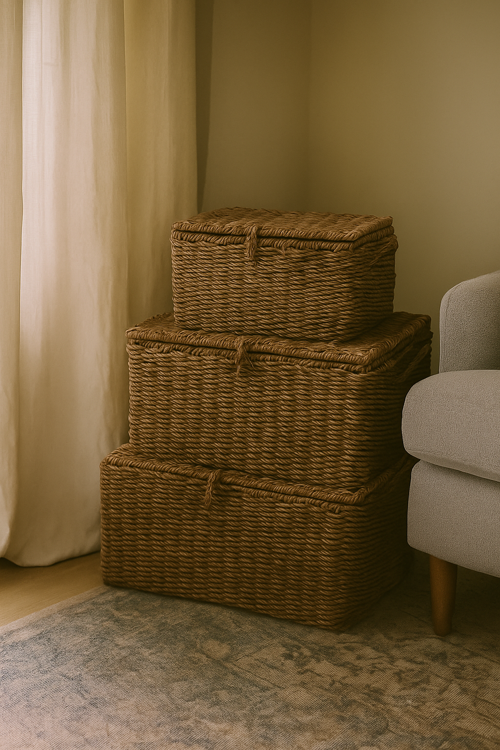 Stack of wicker storage baskets in a room with a curtain and sofa.