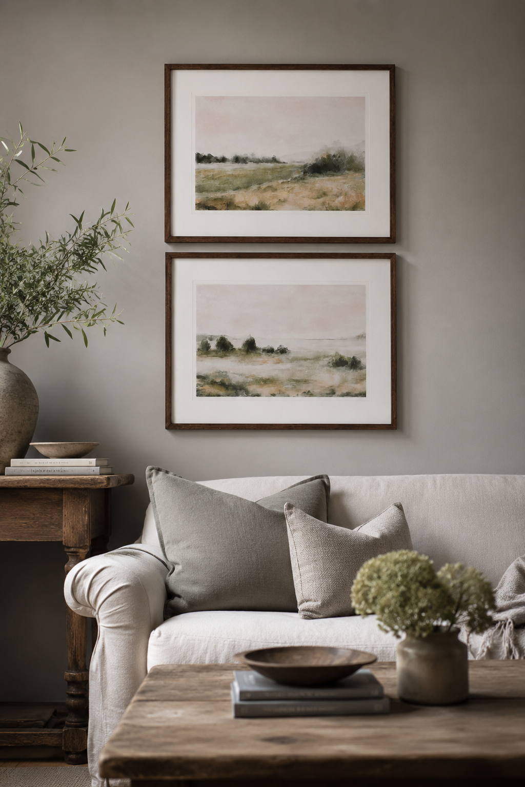 Cosy living room with a beige sofa, wooden coffee table, and framed shore line landscape pictures on the wall.