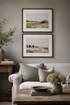 Cosy living room with a beige sofa, wooden coffee table, and framed shore line landscape pictures on the wall.