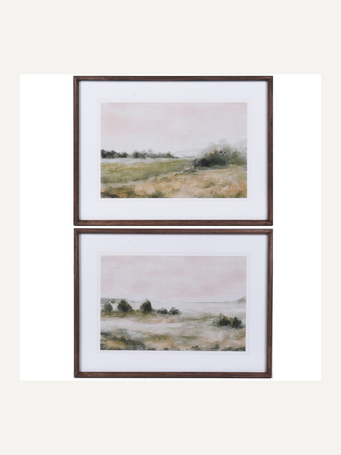 Two framed landscape prints of a shore line on a white background